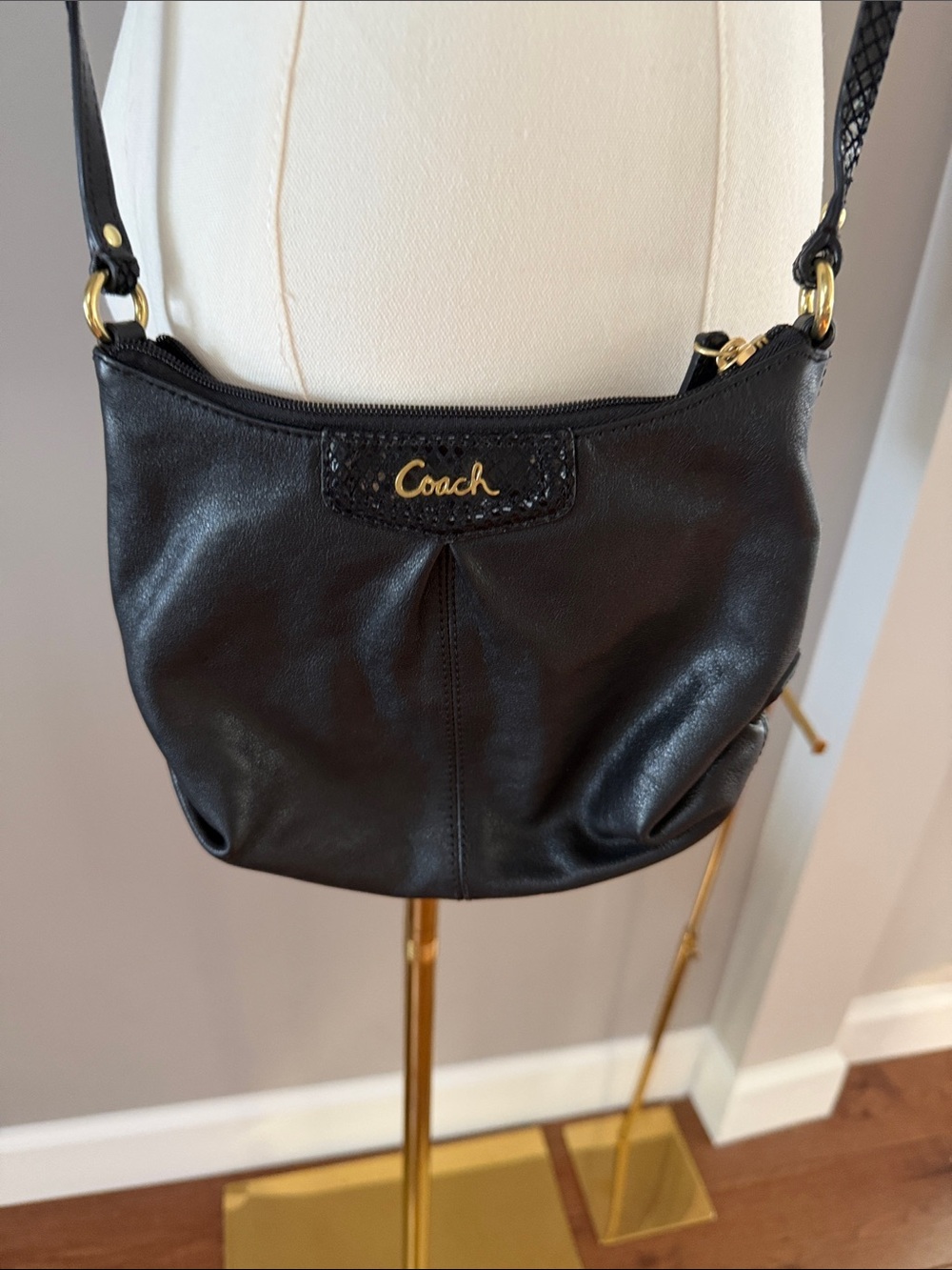 Authentic Coach Black Leather Shoulder Bag with Gold Accents